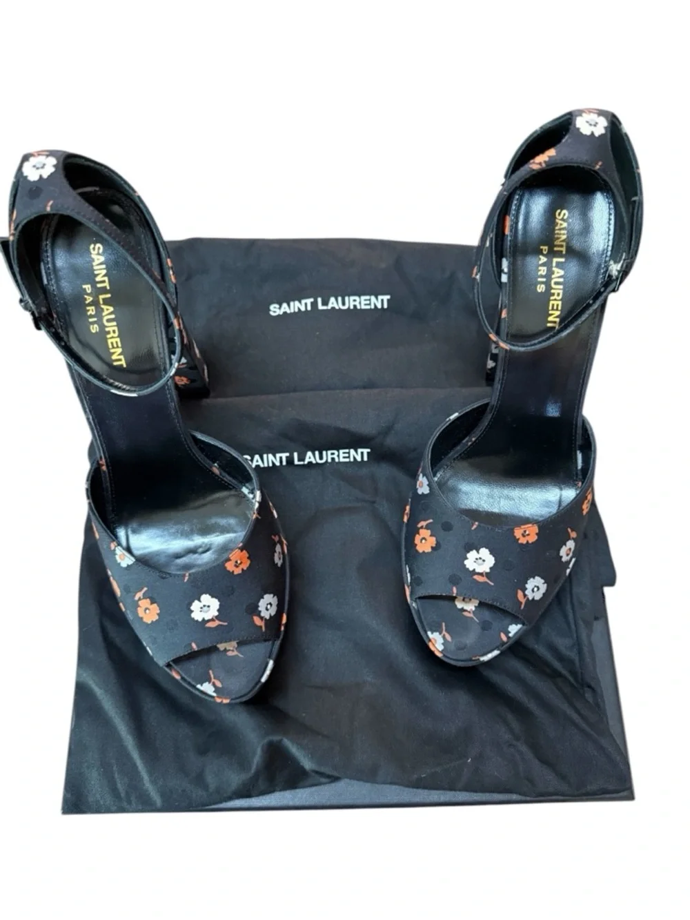 Saint Laurent Jodie 125 Floral Platform Heels Sandals in Black Silk EU 40 US 10 - Picture 15 of 16